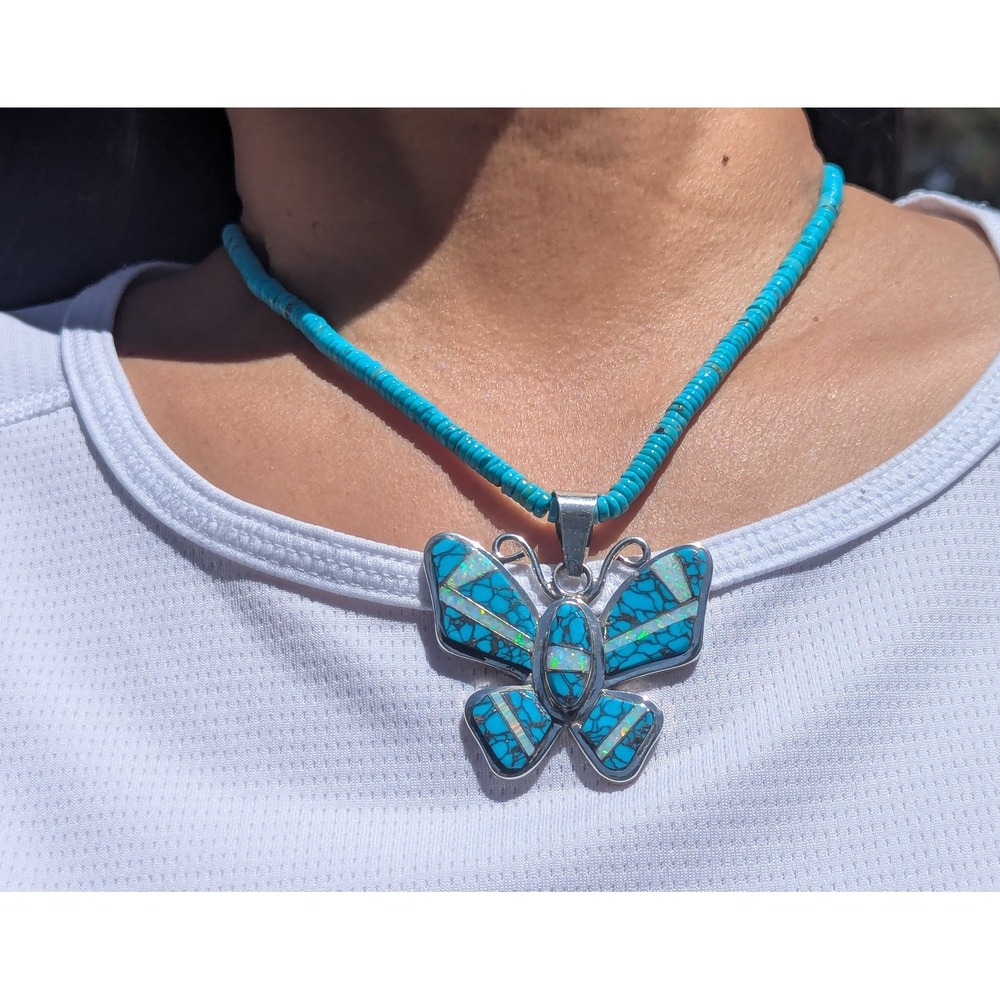 Navajo Necklace Turquoise Butterfly‎ Pendant Handmade Native Amer Jewelry **